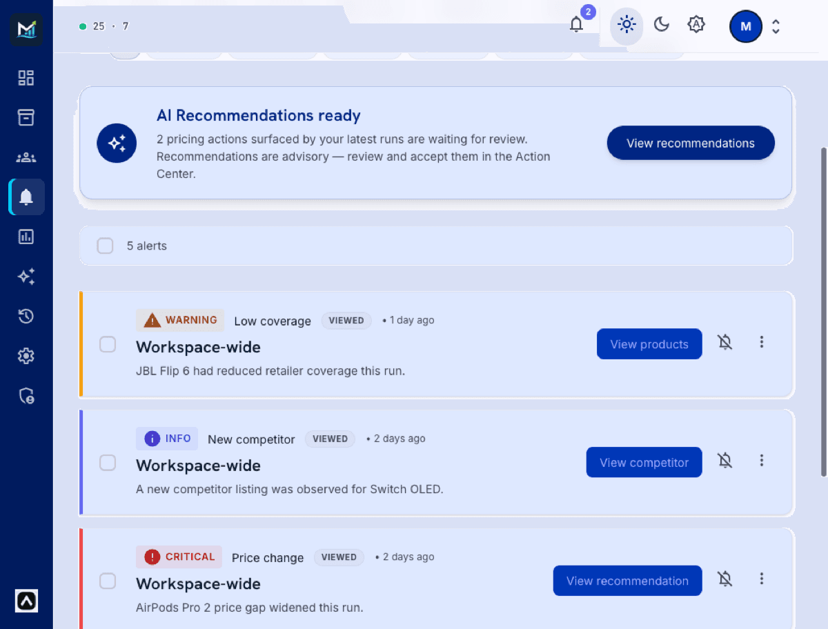 Alerts Triage screen with warning, info, and critical alerts filtered by severity