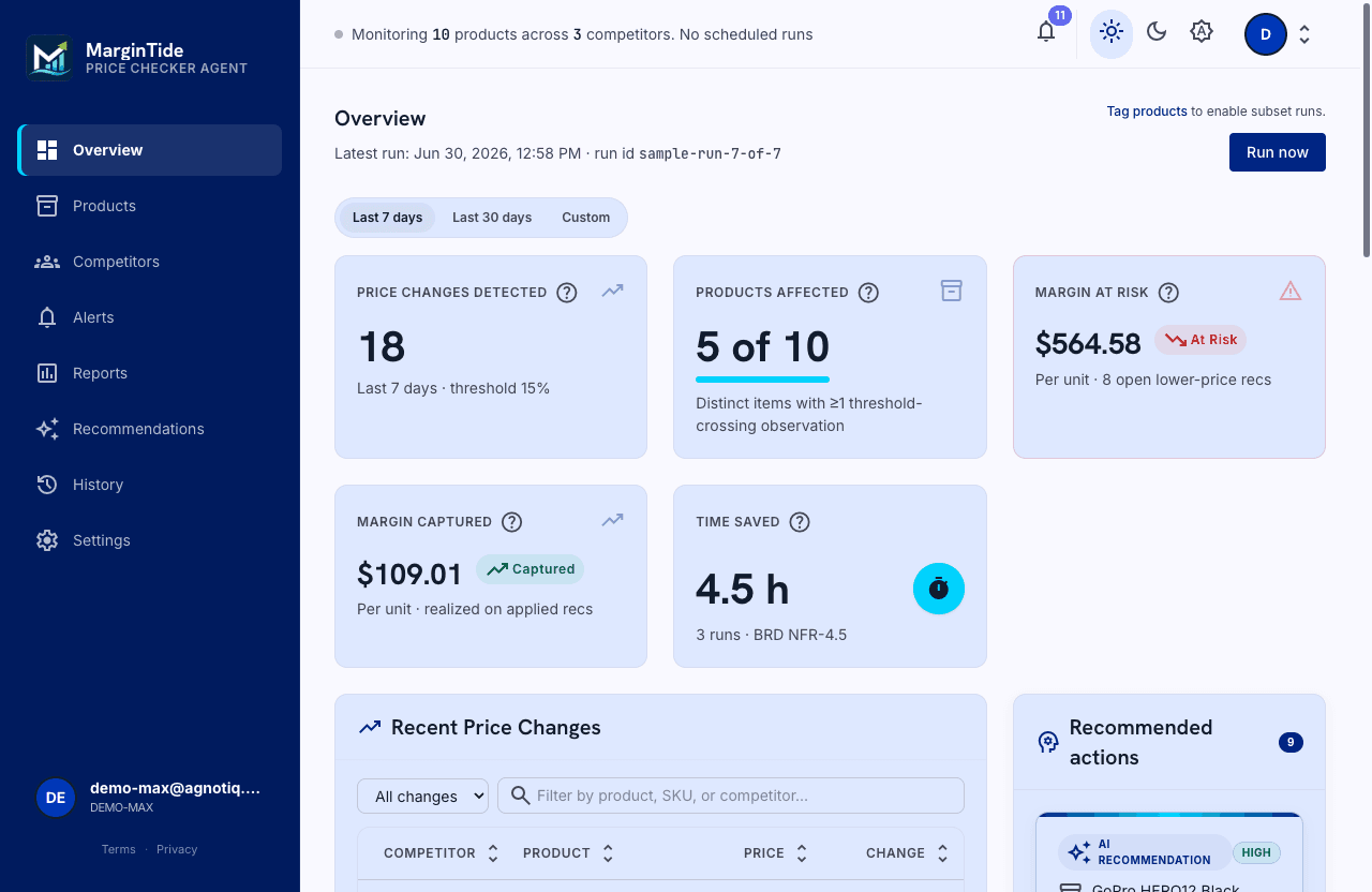 MarginTide dashboard showing competitor price tracking and agent recommendations